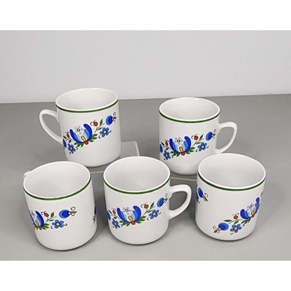 Set Lot of 5 Lubiana Poland Porcelain Mug Coffee Cup Polish Folk Art Floral Boho